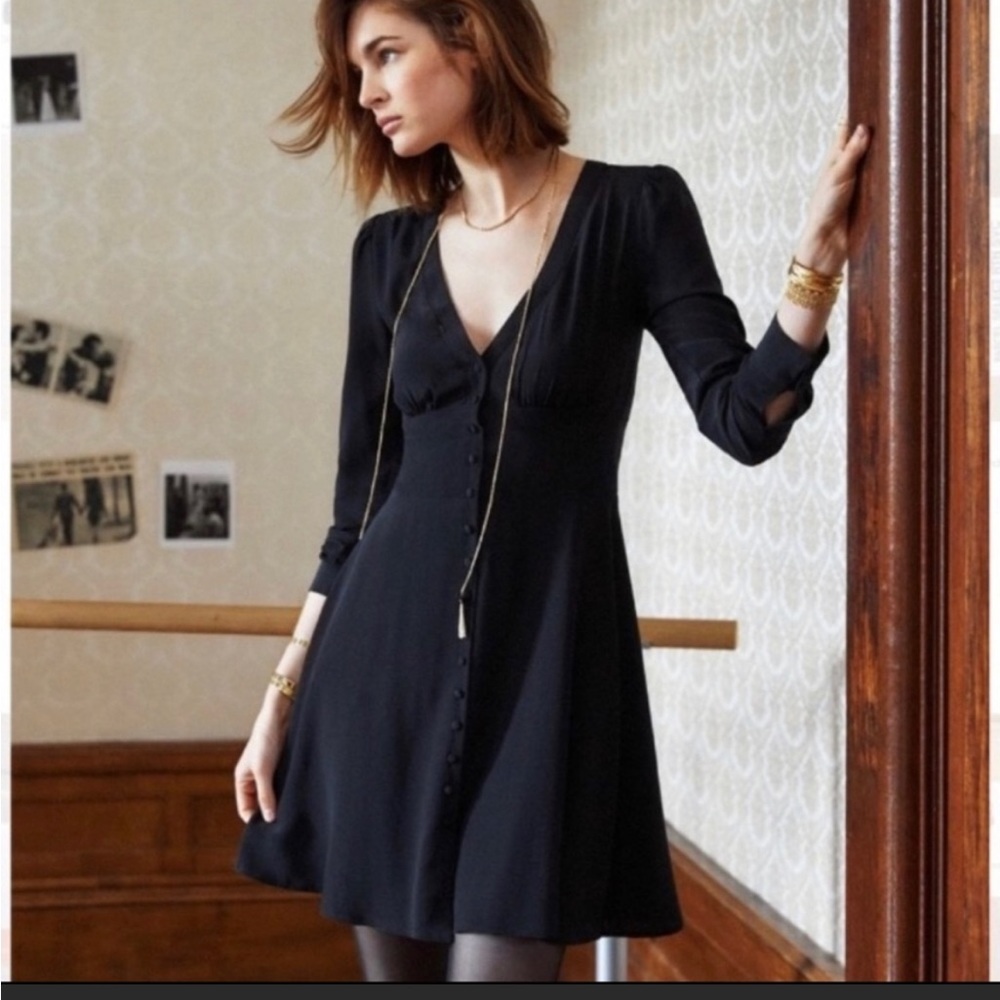 Sezane Black Silk Dune Button Front Long Sleeve Mini Dress